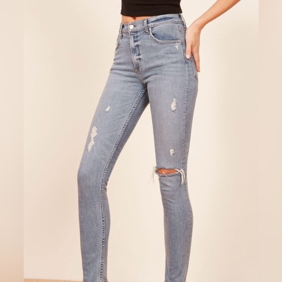 Reformation Harper High Rise Skinny Blue Jeans Raw Hem Distressed Maui USA 25 - Picture 2 of 10